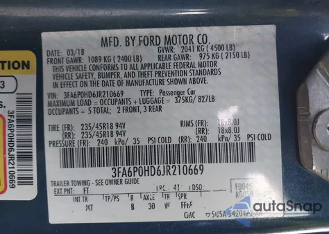 2018 Ford Fusion Se из США, поврежденный, VIN 3FA6P0HD6JR210669